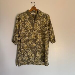 Tommy Bahama Silk Button Up Shirt‎ Floral Pineapple Print Olive Green S